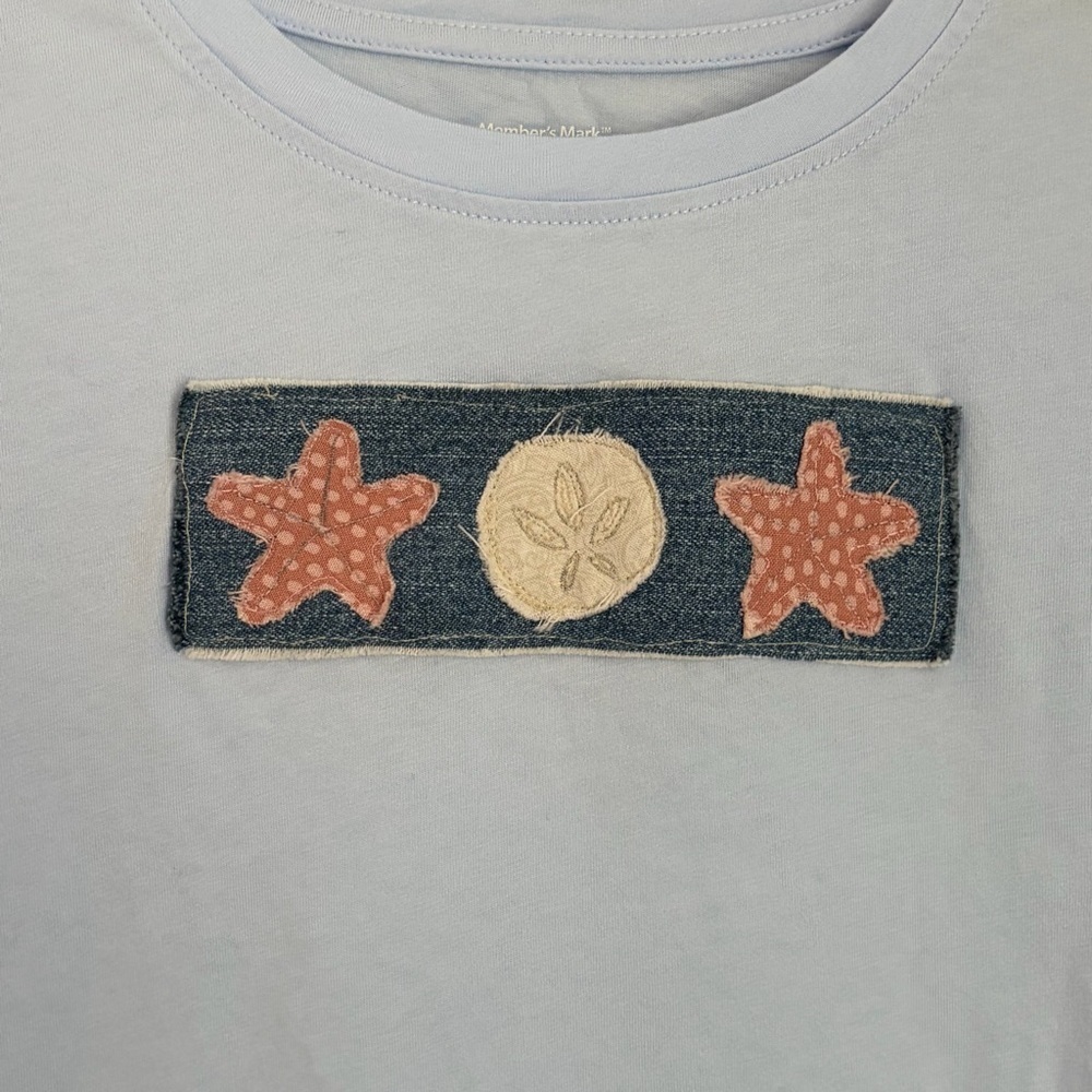 Handmade Sand Dollar Starfish Patchwork Denim Patch Womens Blue Shirt Size Small - Picture 3 of 7